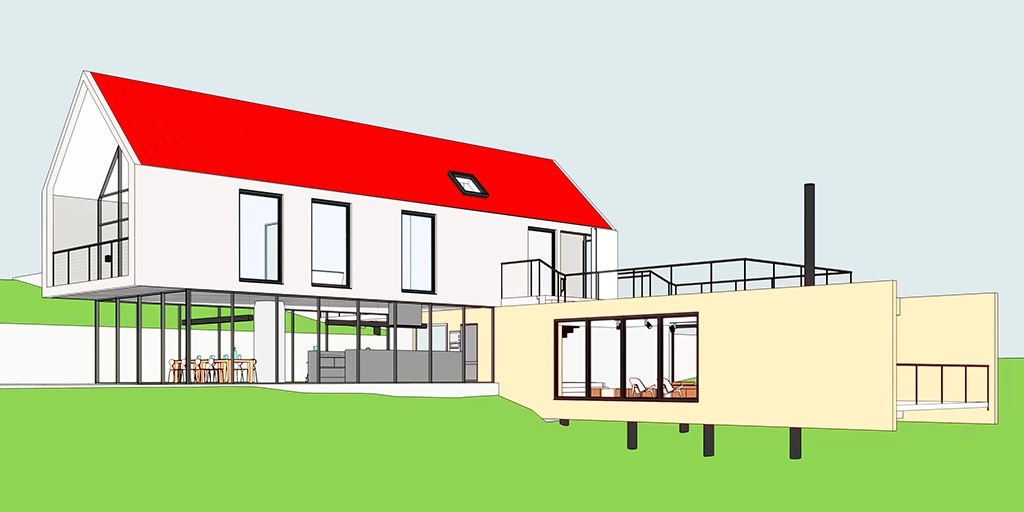 Input: Pitched-roof house with a glazed lower level