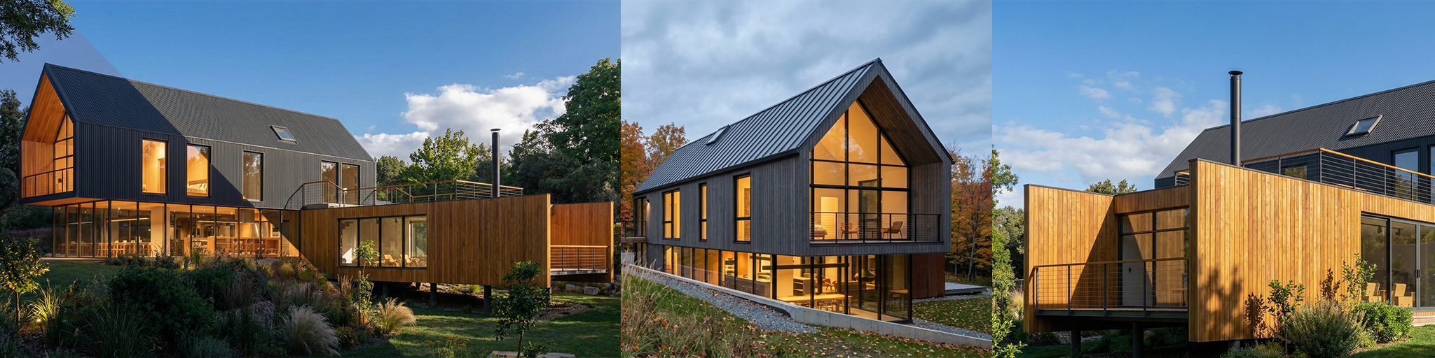 Output: Three views of a pitched-roof house