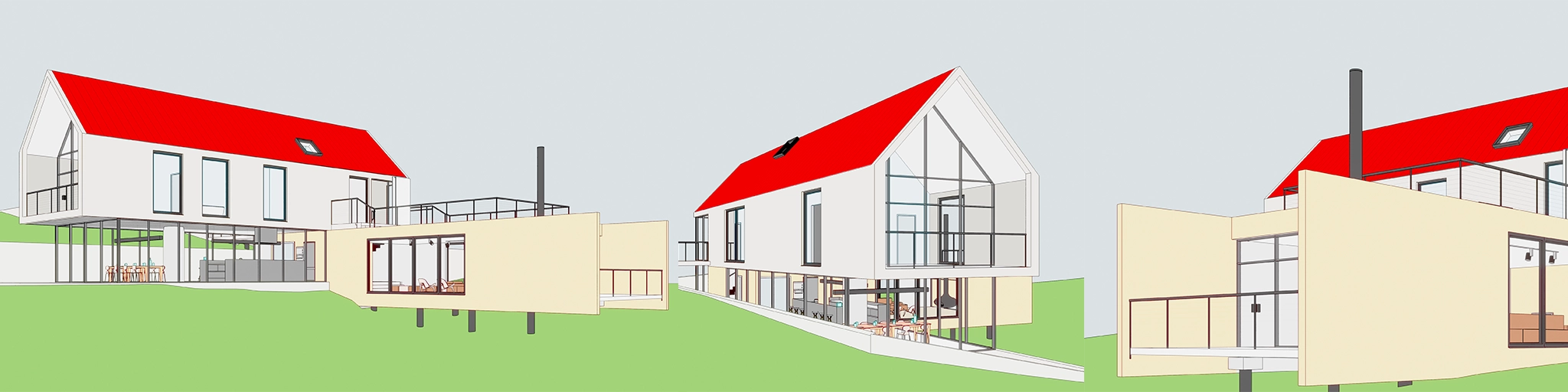 Input: Three views of a pitched-roof house