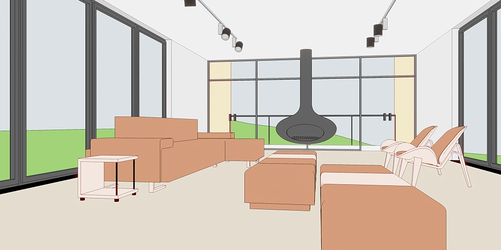 Input: Living room with floor-to-ceiling glazing and a suspended fireplace