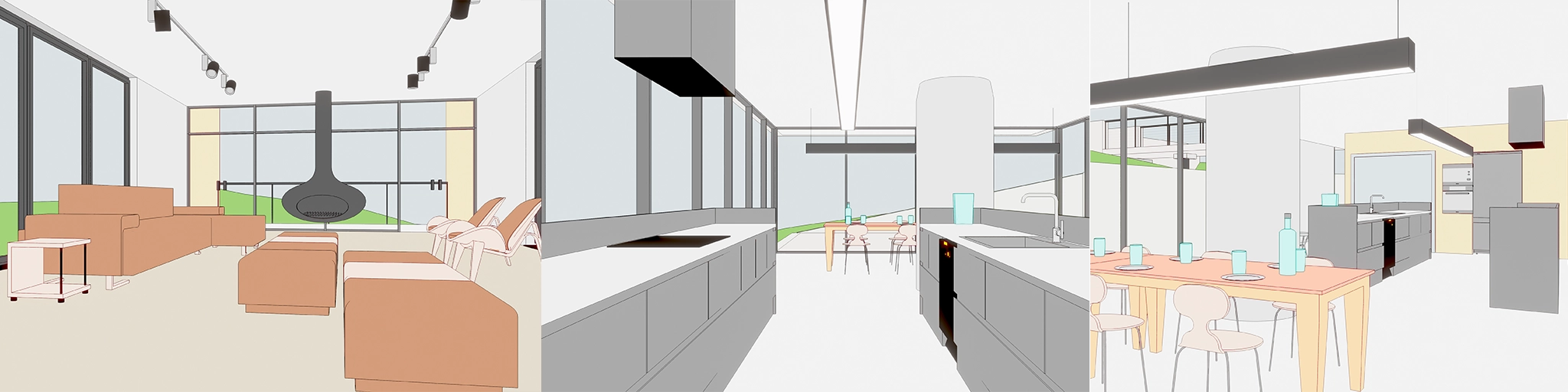 Input: Living room, kitchen, and dining room views