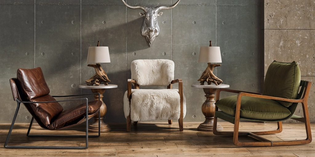 Output: Three chairs in leather, pale upholstery, and green fabric
