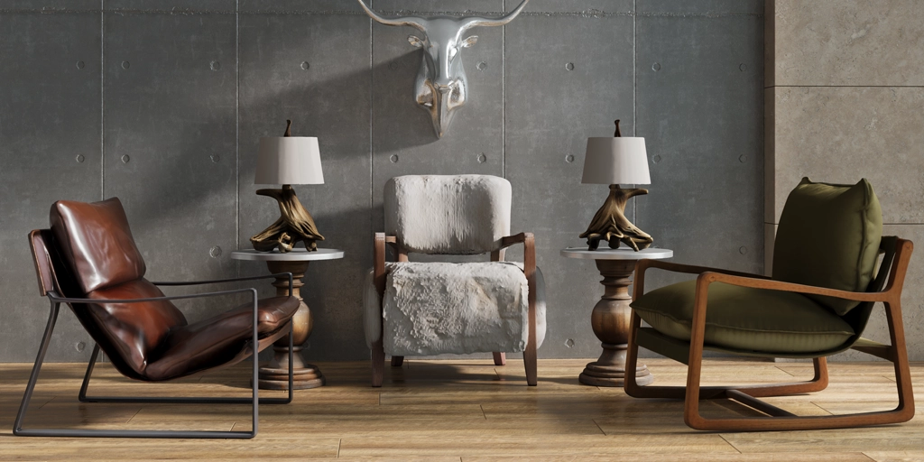 Input: Three chairs in leather, pale upholstery, and green fabric